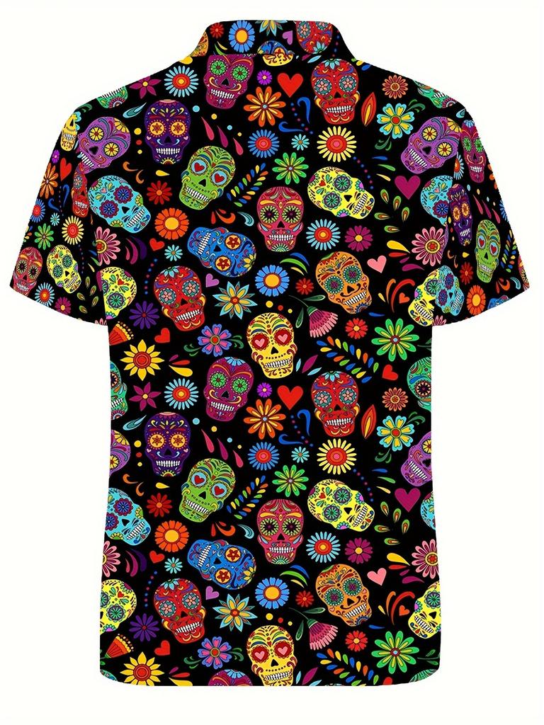[Print Design - Not Textured] Men'S Fashion Polo Shirt with Print Design Short Sleeves, Skull And Floral Print Short Sleeves - Lightweight Breathable