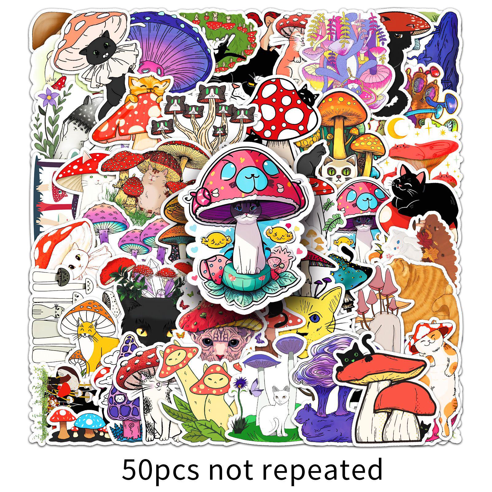 50pcs Cute Cartoon Cat & Mushroom Waterproof Stickers for Water Bottles & Journals