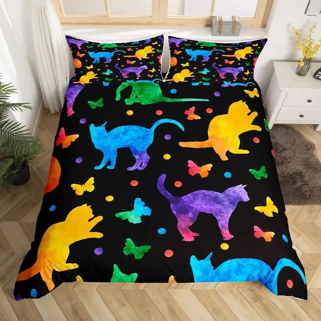 Kolorowy Zestaw Poszewki na Kołdrę z Kotem Rozmiar Queen, Abstrakcyjne Zestawy Pościeli z Kotem, Uroczy Zestaw Poszwy na Kołdrę z Kotem dla Dziewcząt Chłopców Poszwa na Kołdrę