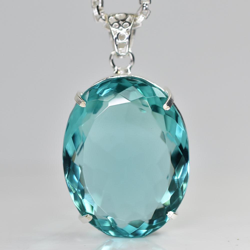 925 Sterling Silver Oval Pendant Aquamarine 137 Ct Certified Lab Created