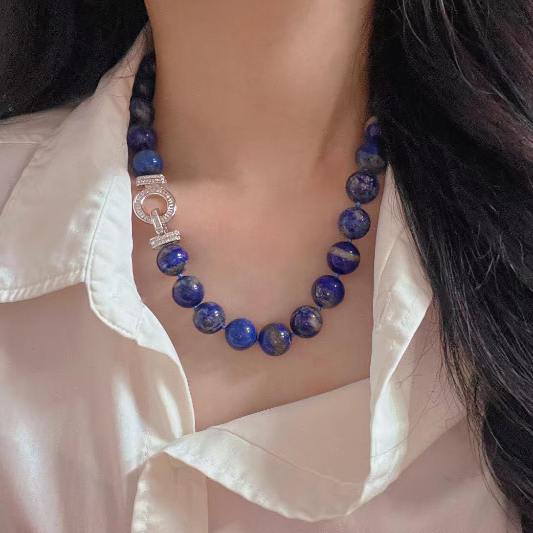 Large Particle 14Mm Natural High Quality Lapis Lazuli Necklace Collarbone Chain Autumn And Winter Sweater Chain