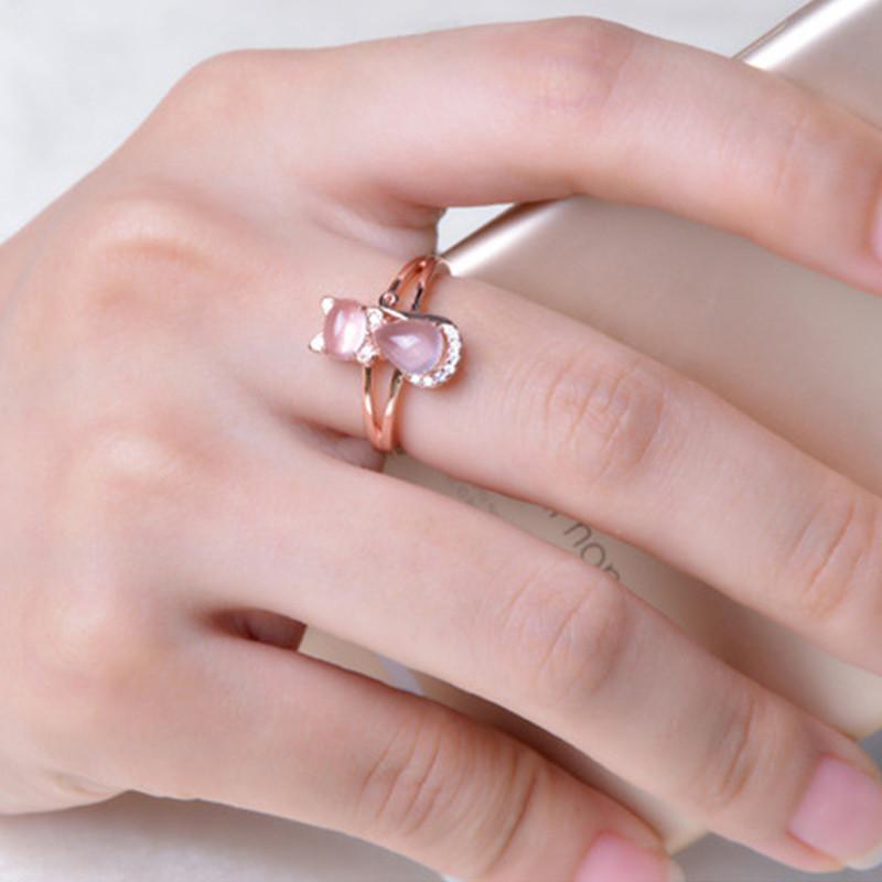 Rose Gold Plated Powder Crystal Powder Cat Ring Hibiscus Powder Crystal Diamond Ring