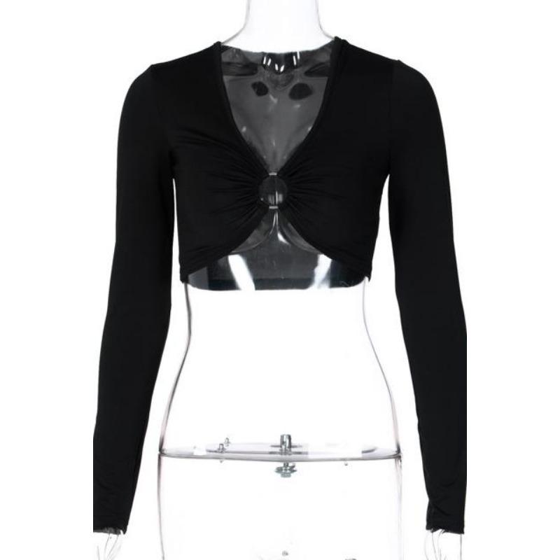 Fashion Sexy V-neck Slim Fit Long Sleeve Crop Tops Spring Fall Casual Women Party Tops Hollow Out  Y2k Backless Tee Square Collar Ribbed T-Shirts