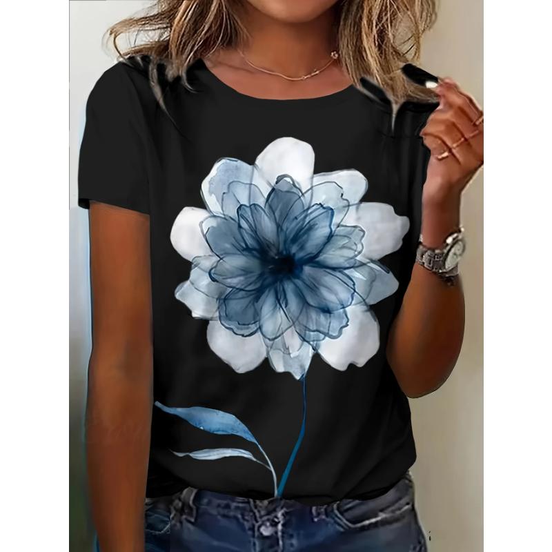 Women's Vintage Floral Print T-Shirt - Blue & White Watercolor Flowers, Ladies T Shirts