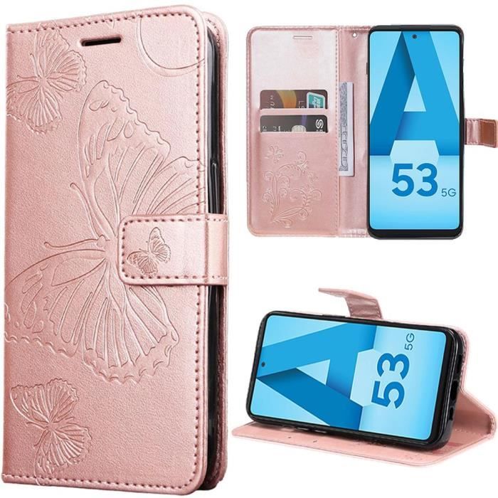Coque de protection - Booling - pour Samsung Galaxy A53 5G - Rose - Motif Papillon - Antichoc Synthécuir