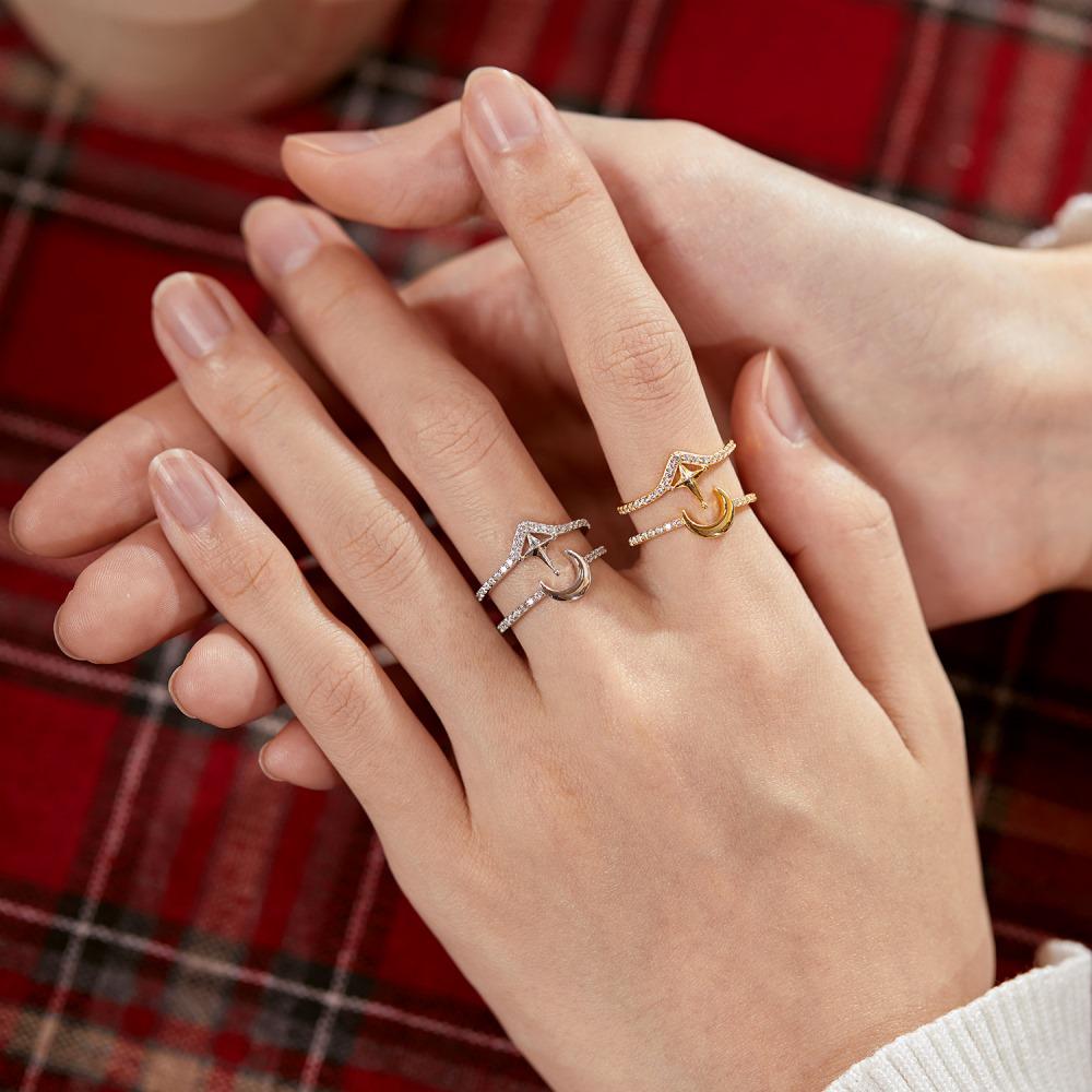 S925 Sterling Silver Star & Moon Christmas Ring for Women - Japanese and Korean Style with Luxury Micro Zirconia