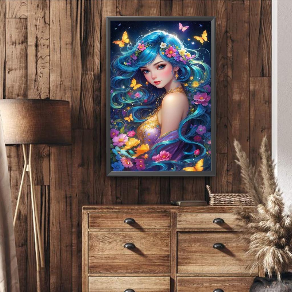 Butterfly Girl Full DIY 5D Round Drill Gem Art Diamond Painting Kits for Adults Home Decor Art Diamond Painting 15.75x23.62in