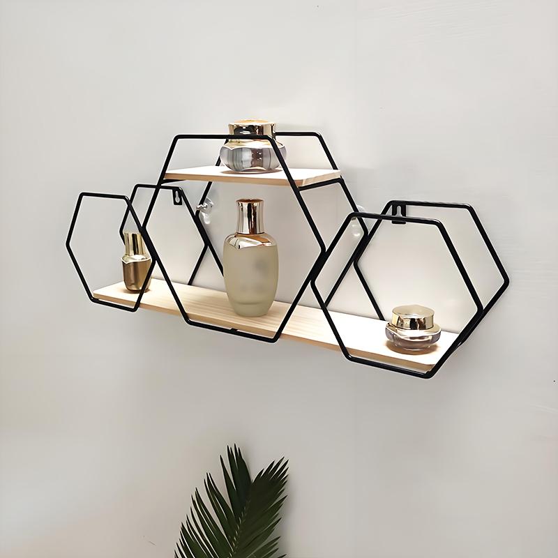 1PC Iron+Wood Space-Saving Wall-Mounted Durable No-Drill Easy-Install Storage Rack Decorative Shelf Easy-Install Wall Sturdy