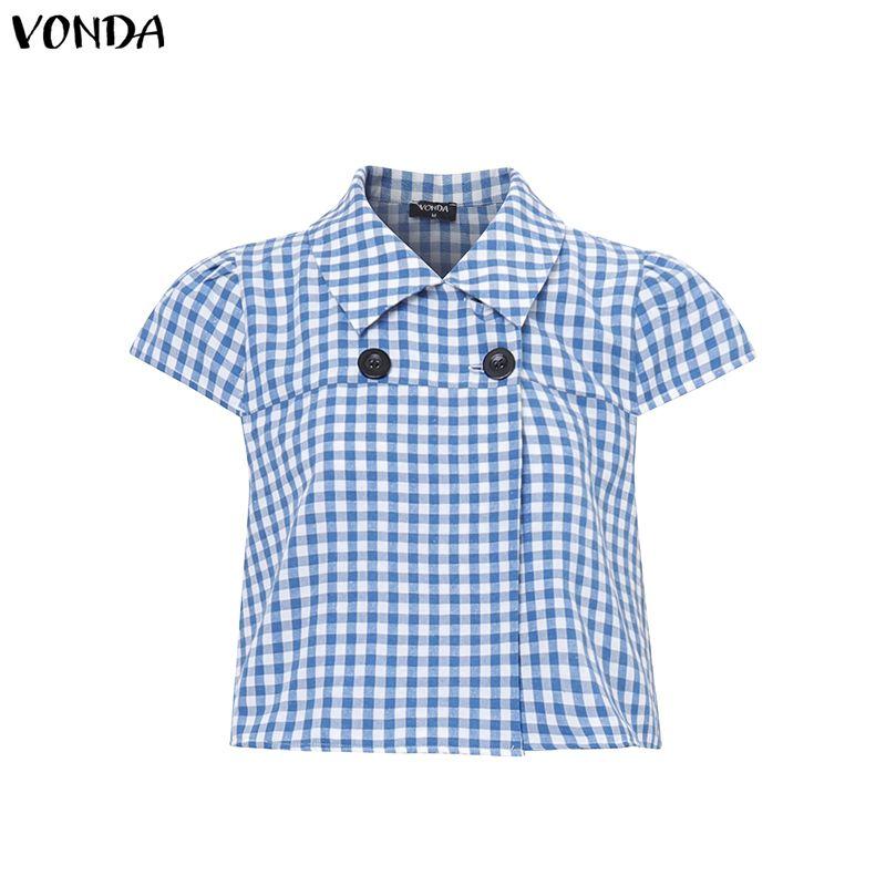 VONDA Two Picecs Sets Women Plaid Print Short Sleeve Blouse and Pants Casual Outfits