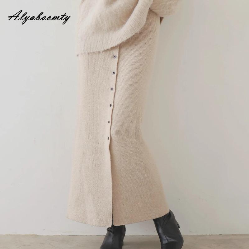 

Жіноча спідниця міді 2025 року в корейському стилі Весна Осінь Жіноча спідниця міді з високою талією Чорно-сіра в’язана спідниця Жіночі трикотажні спідниці на ґудзиках One Size бежевий