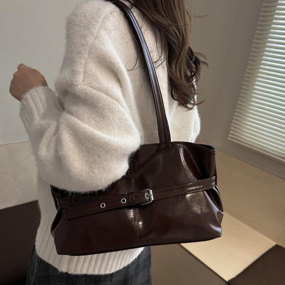 Korean Style Underarm Bag PU Leather Bowling Bag Fashion Retro Shoulder Bag  Women