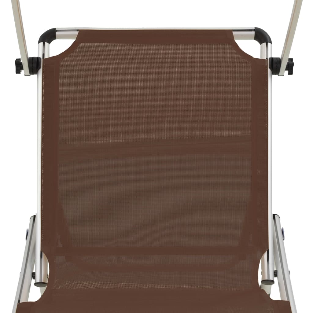 Foldable Sun Lounger with Sunshade Aluminum Frame and Textilene Brown
