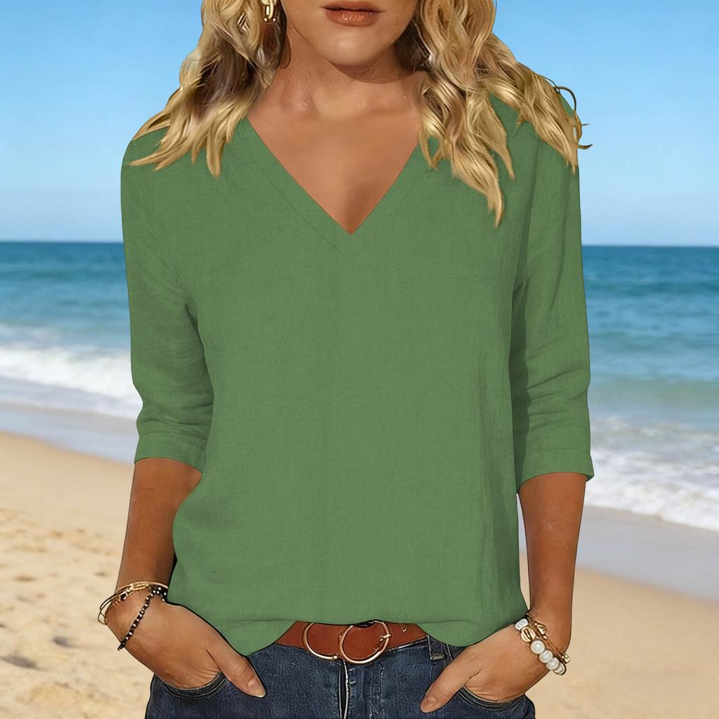 Damen V-Ausschnitt Locker Geschnittenes T-Shirt Lässiges Leinen Baumwollmischung Oberteil Langarm Basic Pullover Entspannte Passform Bluse für den Täglichen Gebrauch