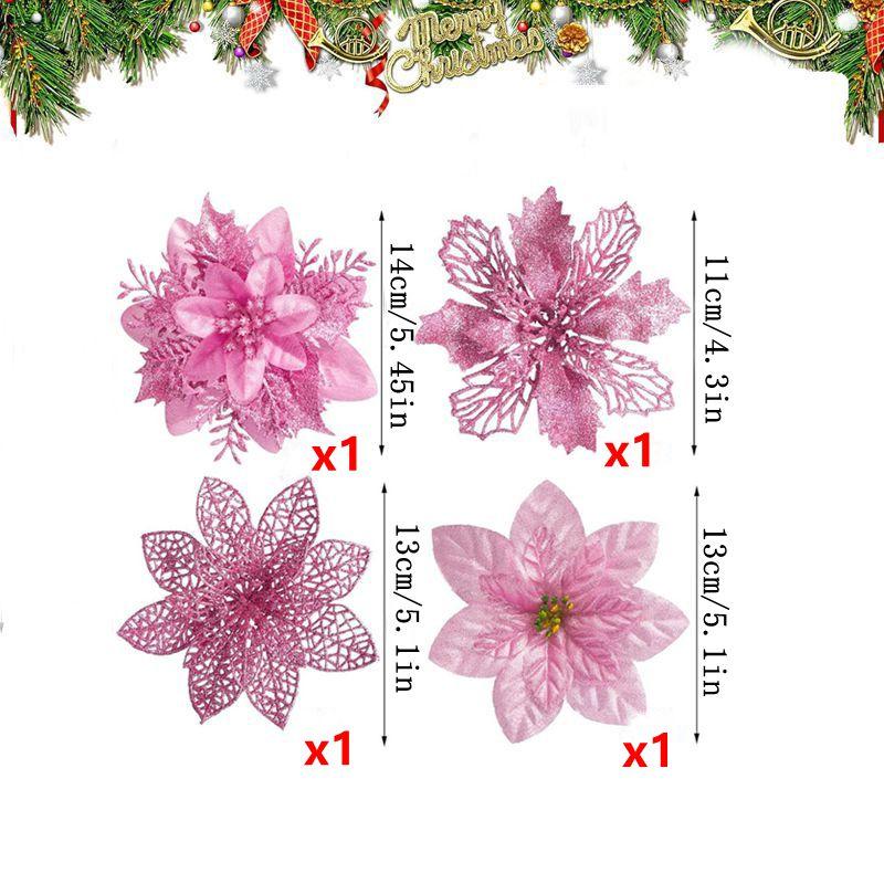 1 Set 11/13/14cm Rosa Künstliche Glitzer Weihnachtsblumen Weihnachtsbaum Kranz Hängende Ornamente Heimparty Neujahrsdeko Navidad