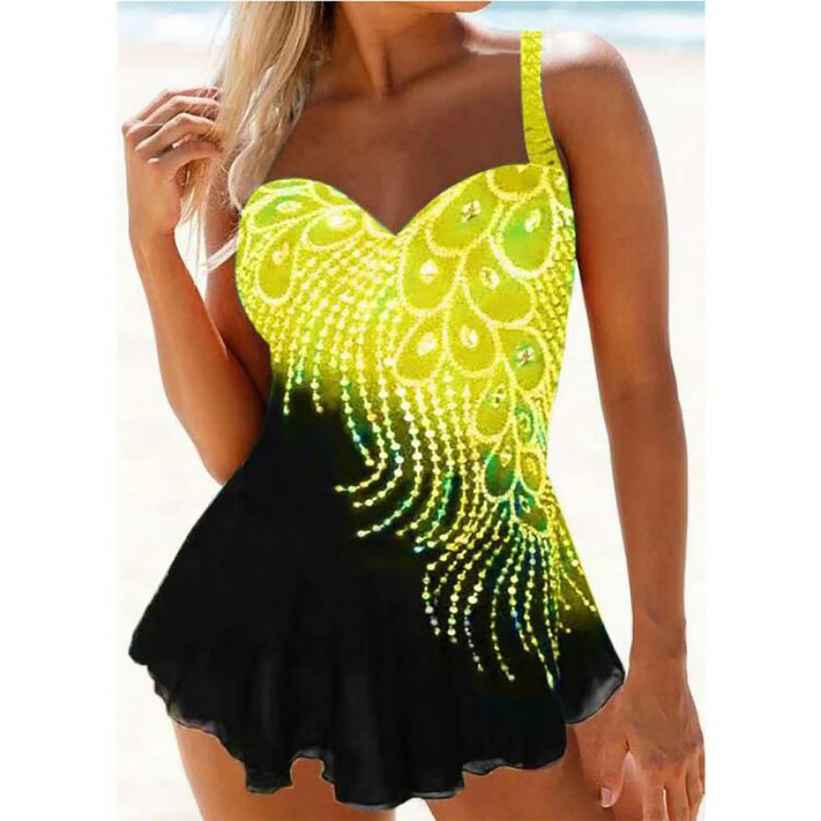 

Chest Print Diamond Feather Collision Color Split Large Size Swimsuit Female L жовтий