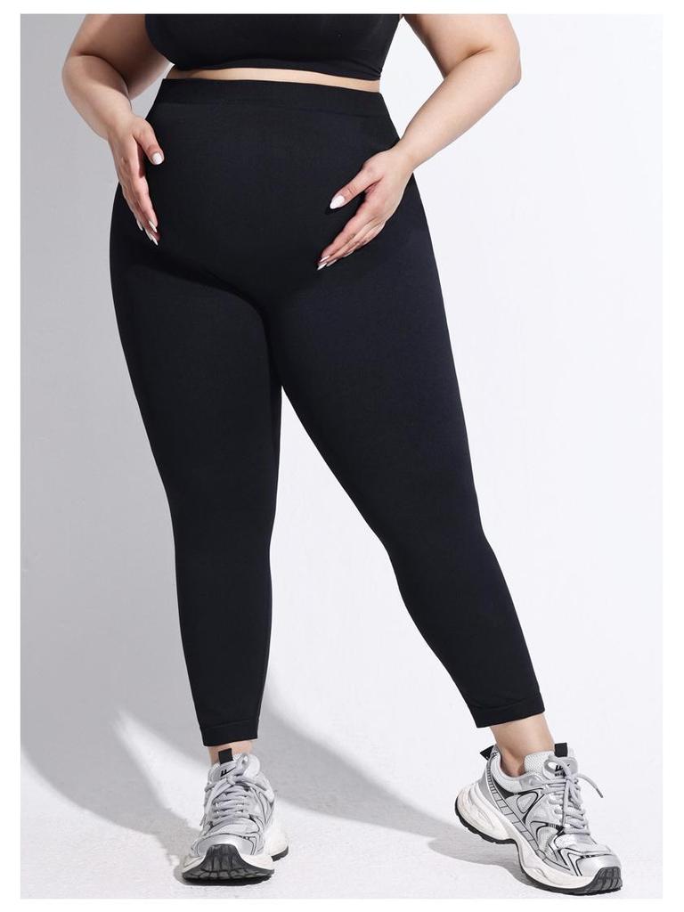 Plus Size High Waist Seamless Maternity Yoga Leggings - Black Slimming Sport Pants for Pregnant Women