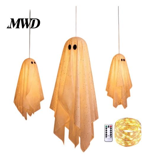 Glowing Halloween Scene Accessories 3Pcs Lighted Hanging Ghost Decorations,Glowing Warm LED Floating Ghosts, Swinging Creepy Yard Decorations