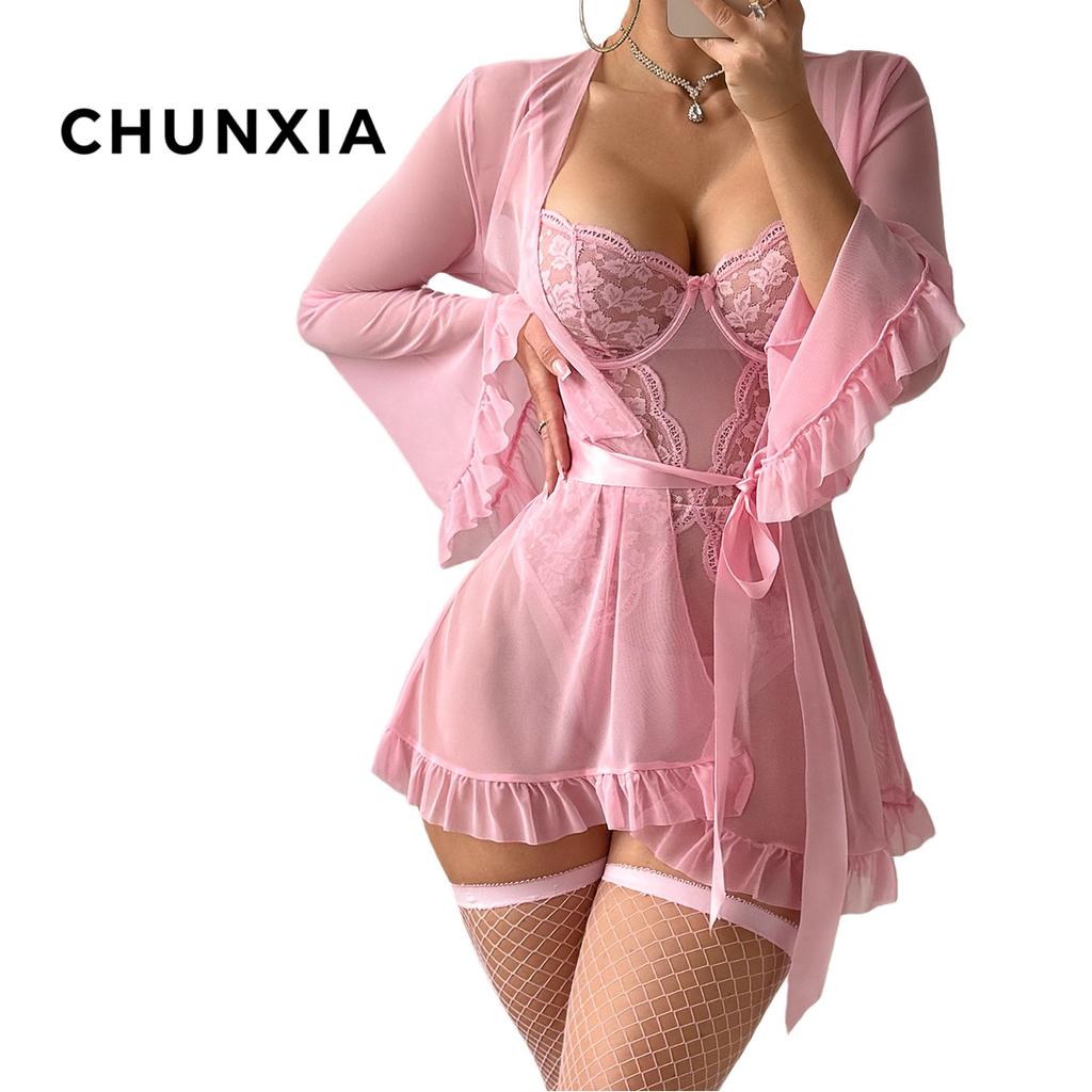 Sexy sexy Nachthemd Pyjama Damen Nachthemd Spitze Netz Schal Zweiteiler Set
