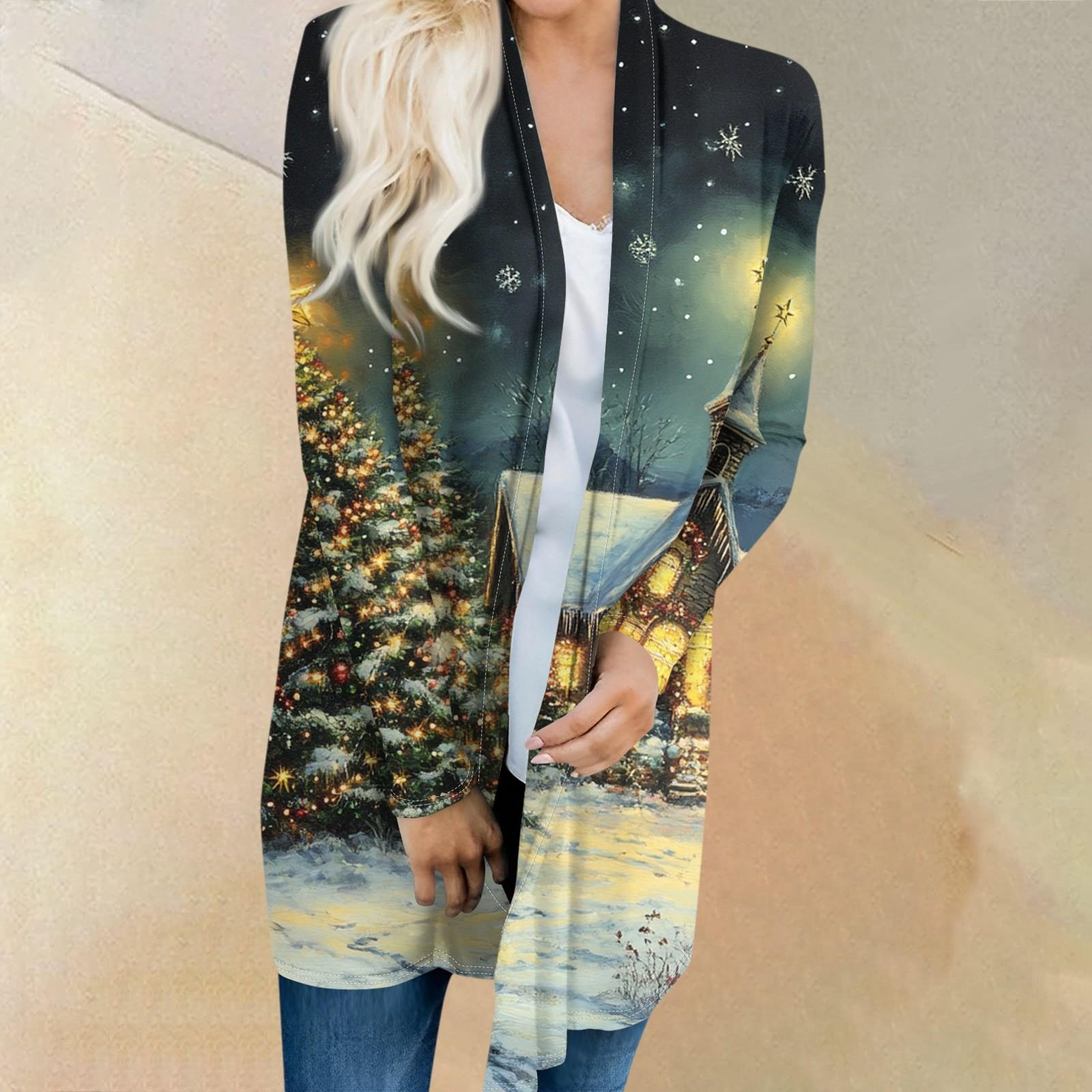 

Женская мода повседневная куртка-кардиган средней длины с принтом рождественской елки XL тёмно-синий