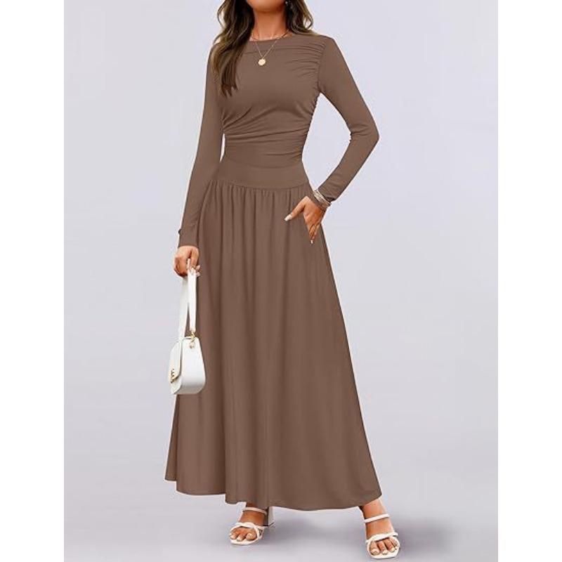 

Round neck pleated pockets slim long-sleeved knitted dress elegant all-match casual slimming swing pleated women s long skirt XL темно-коричневого кольору