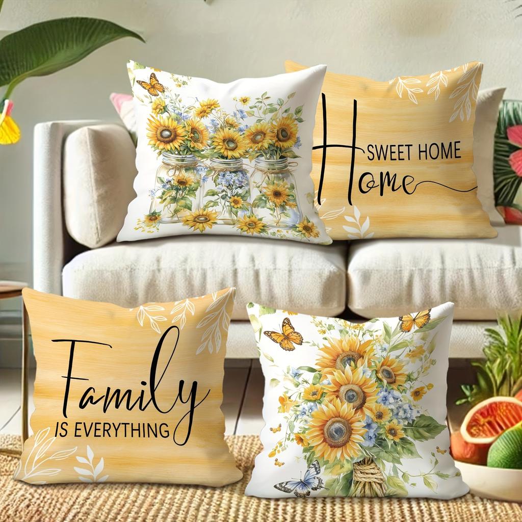 Sunshine-inspired Pillow Cover: Bright Sunflowers, Smart Butterflies and Warm Family Words, Sofa Cushion Cover