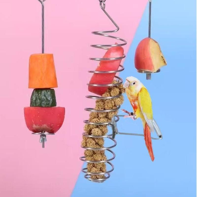 Stainless Steel Hanging Bird Feeder With Perch Stand For Parrots Cockatiels And Pet Bird Fruit Vegetable Treats Feeding