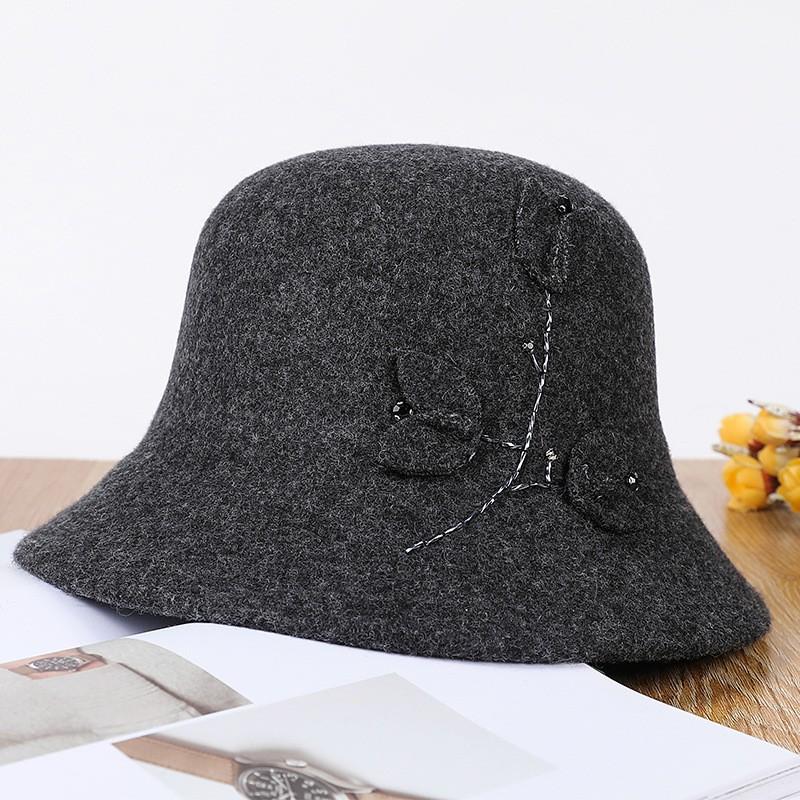 Hat Women's Autumn and Winter Versatile Middle and Old Hat Wool Elegant Flower Pot Hat Retro Curled Top Hat