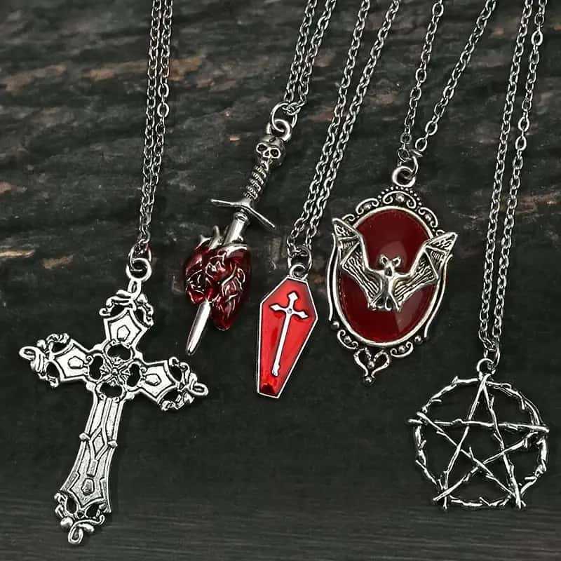 Y2K Gothic Bat Coffin & Red Heart Pendant Necklace Set with Stainless Steel Chain