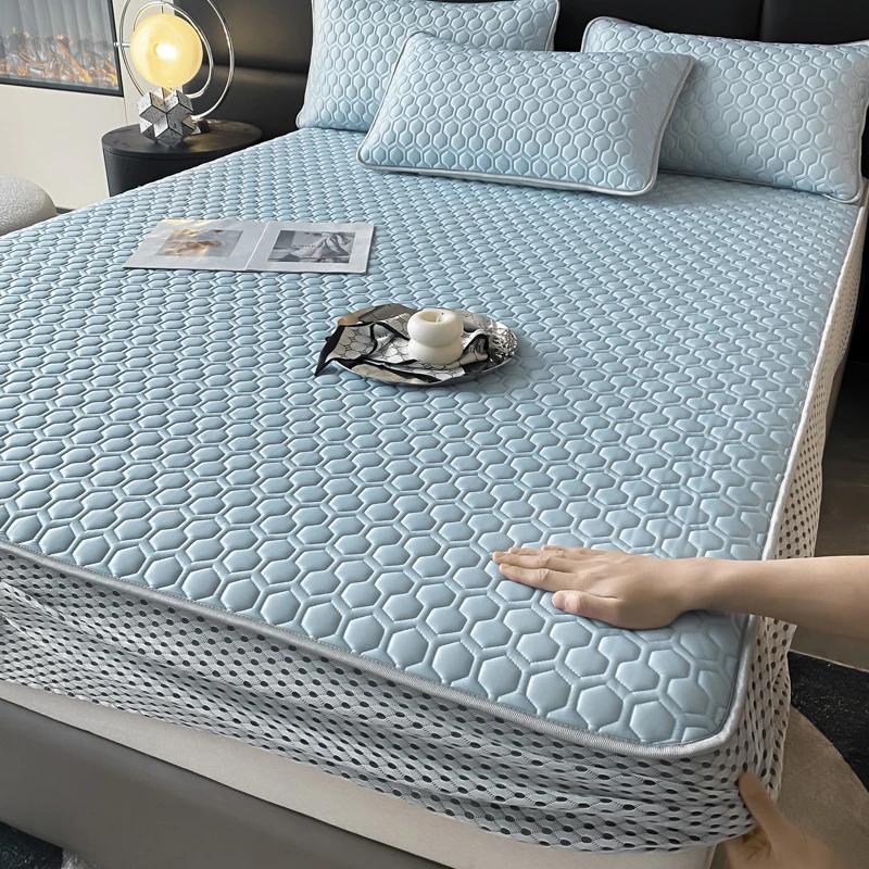 Soft Thick Latex Ice Silk Fitted Sheet Set Queen Cool Down Bed Sheet and Pillowcase Washable Machine Summer Cooling Mat for Bed