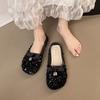 Fashion 2025 Shiny Sequin Slippers Women's Retro Style Flat Bottom Butterfly Knot Casual Summer Sandals Half Slip On Shoes