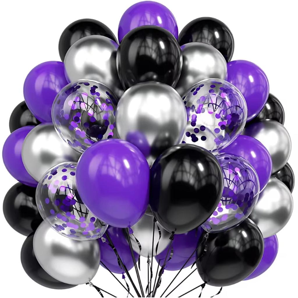 70pcs 10 Inch  Dark Purple Black Metal Silver Latex Balloons with Purple Confetti for Weddings Birthday Graduation Party Decara