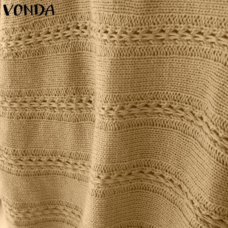 VONDA Autumn Winter Women Scoop Neck Long Sleeve Knitted Hollow Sweater Jumper Tops