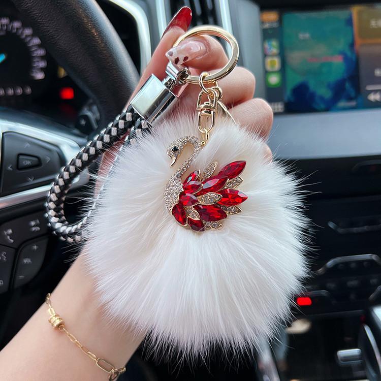 Crystal Swan Creative Fox Fur Car Keychain Exquisite Chic Keyring Bag Pendant