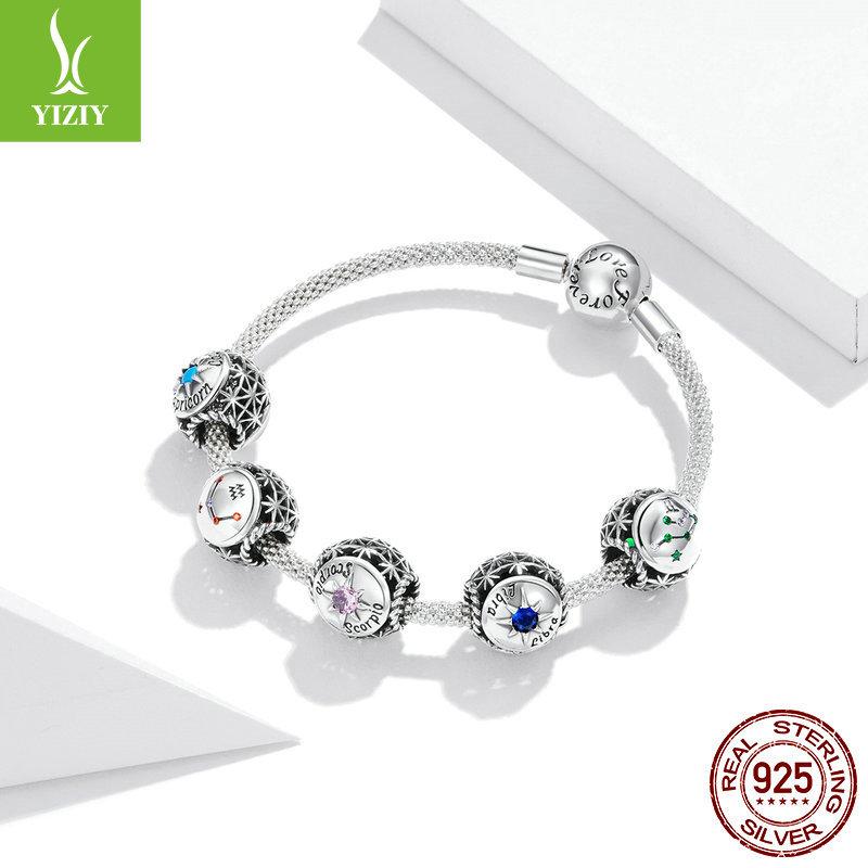 12 Constellation S925 Silver Beaded, Retro Style Fashion Color Zircon Diy Accessories Scc1725