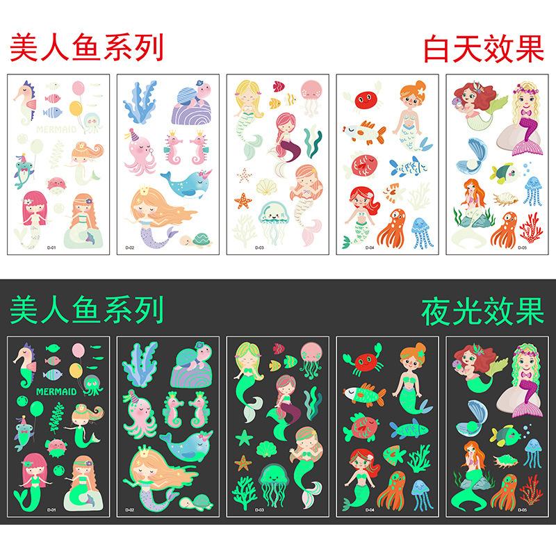 5/10Sheets Luminous Tattoo Anime Stickers Toy Children Body Art Temporary Fake Tattoos Waterproof Cartoon Unicorn Animal Mermaid