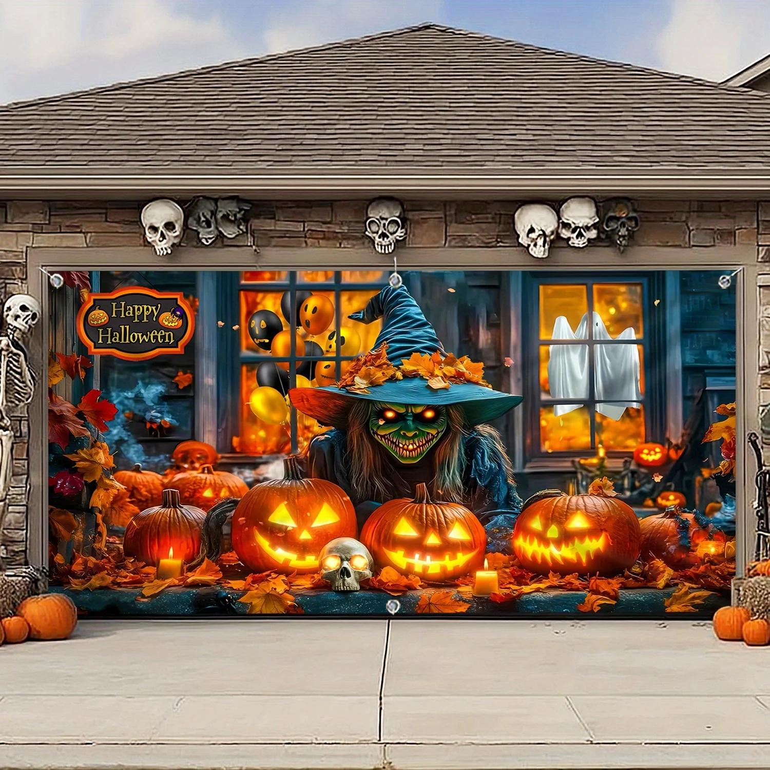 Halloween Witch and Pumpkin Garage Door Banner - Ghost Witch in blue hat Pumpkin Lantern and autumn leaves Halloween polyester 47.2x31.5inch/120*80cm
