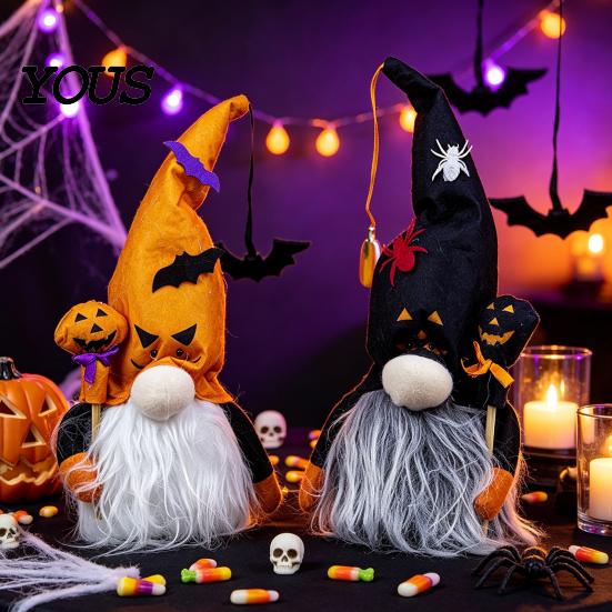 Halloween Plush Gnome Decorations Light Up Decoration, Spooky Orange Black Swedish Tomte Elf Figurine, Stuffed Fabric Figurines Cute Glowing