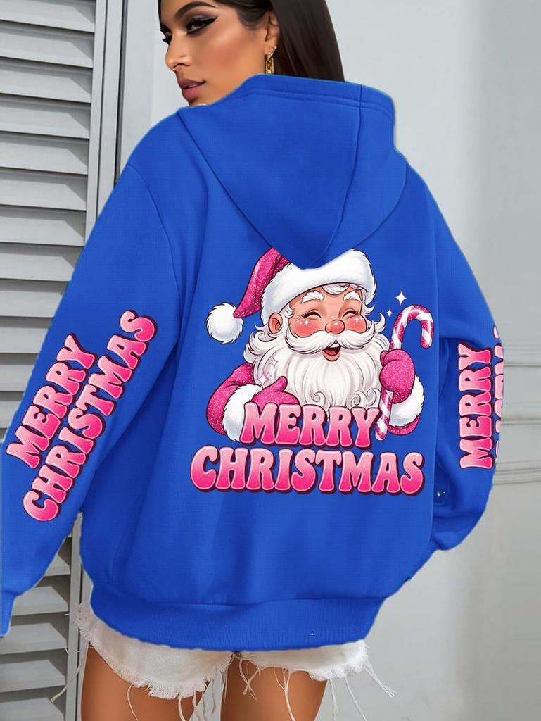 Merry Christmas Pink Santa Printed Sweater Women'S Pocket Hooded Sweater Autumn Winter Hoodie