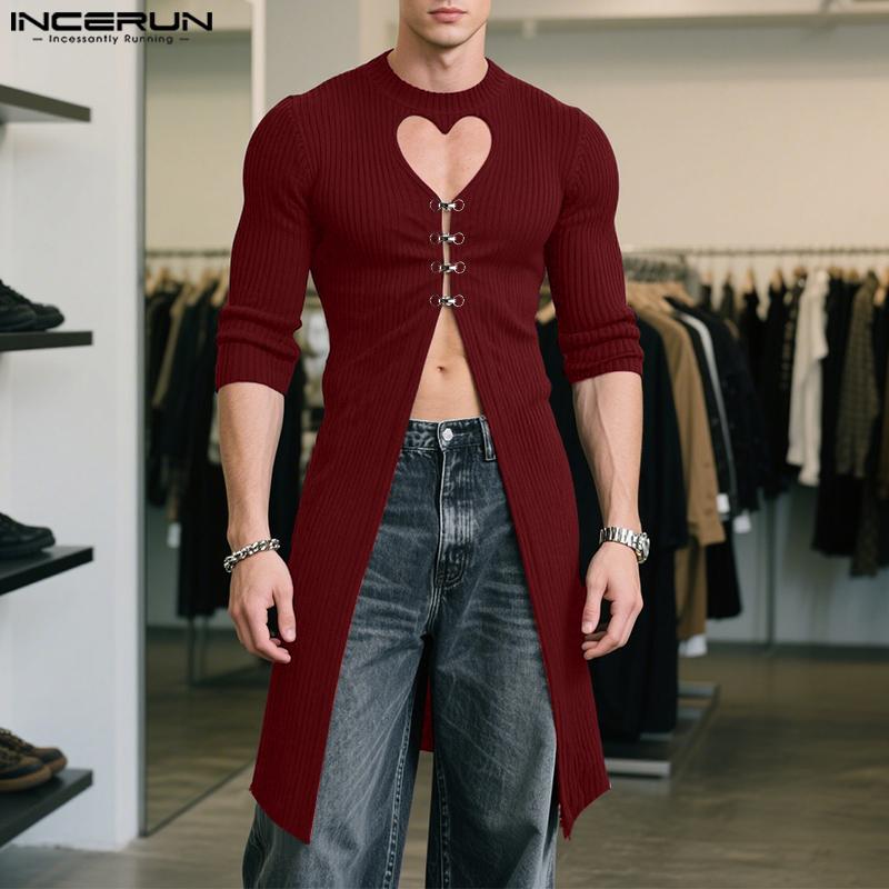 INCERUN Autumn Men Long Sleeve Cutout High Splits Ribbed Tunic Tops Pullovers