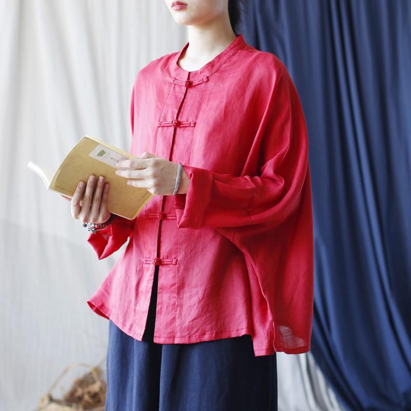 Johnature Dámské košile v čínském stylu Stojáček Dlouhý rukáv Knoflíkové topy Podzim Jednobarevné Vintage Dámské halenky