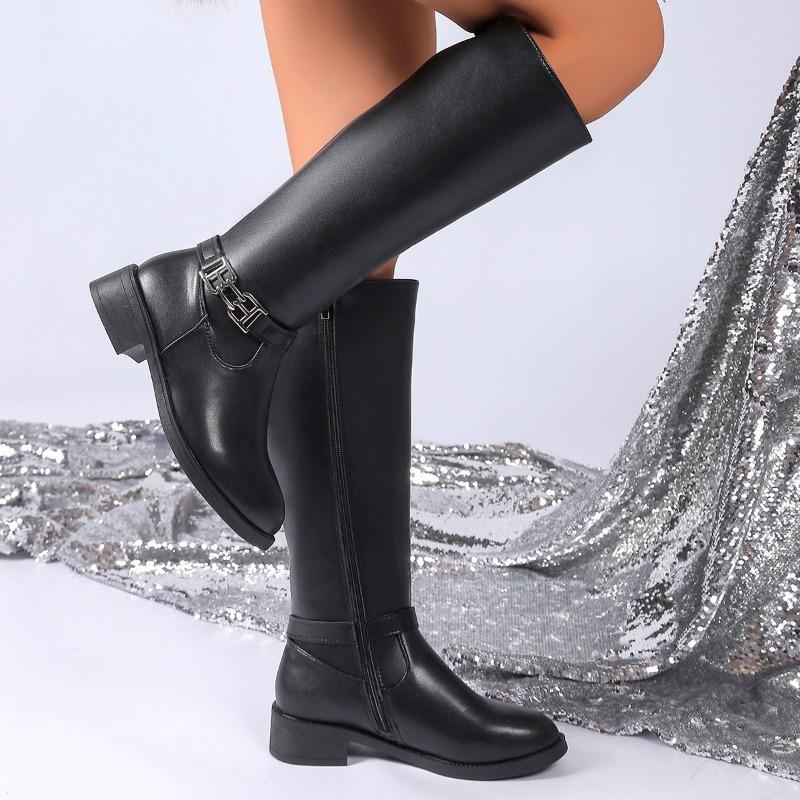 Női cipők Oldalsó cipzáros Női csizmák Divat Fém díszítés Modern csizmák Nők Forró eladás Kerek orrú Térdig érő csizmák