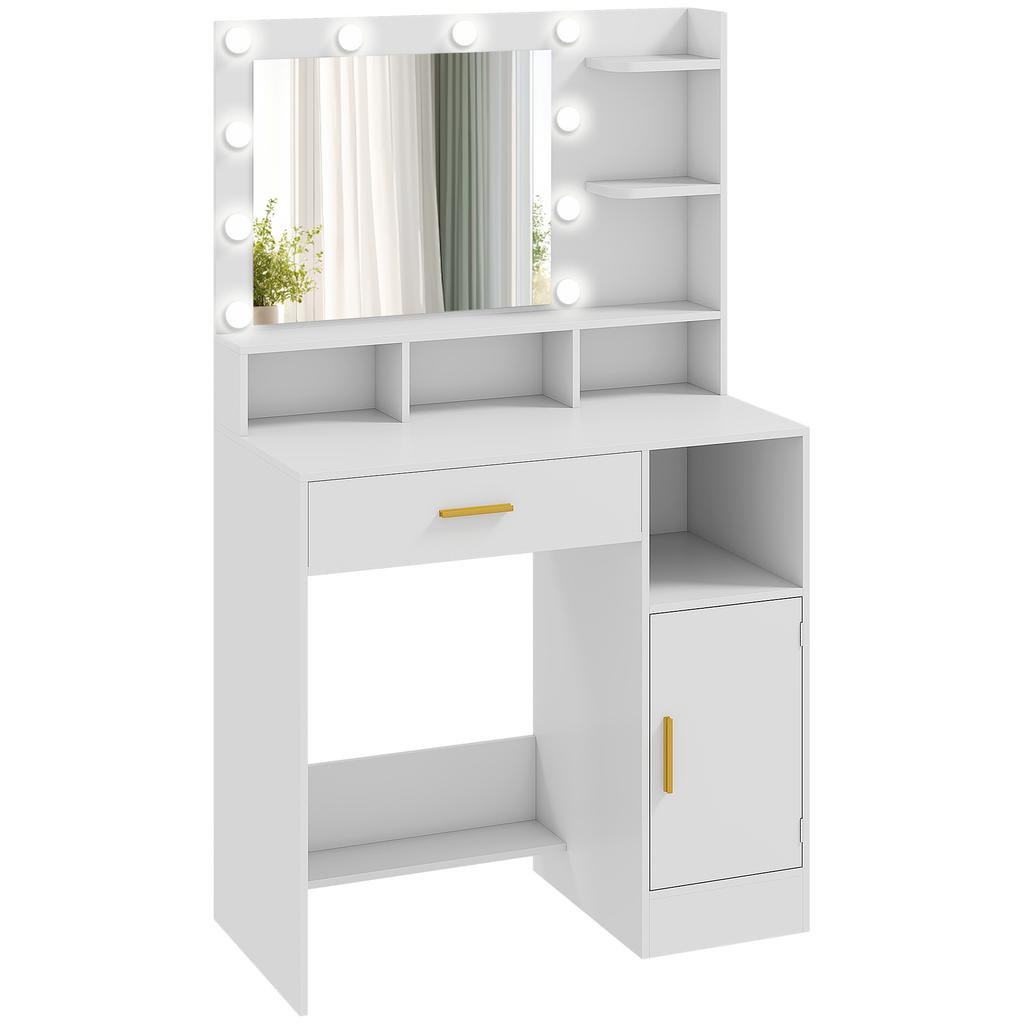 Dressing Table With Mirror And 10 LED Lights Adjustable Brightness Drawer Cupboard And Open Shelves 80x40x135cm White