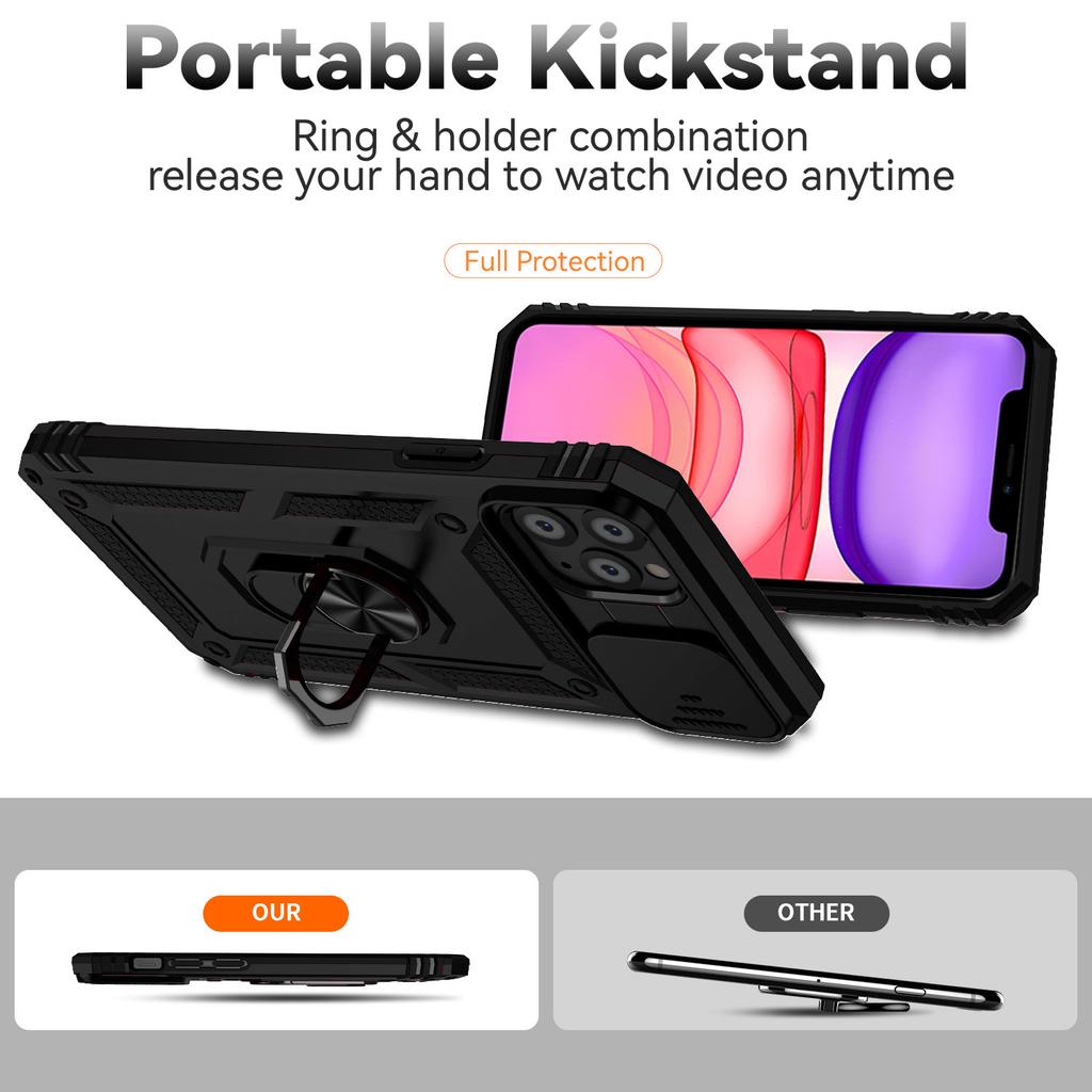 For iPhone 11 Pro Case Kickstand PC+TPU Hybrid Phone Shell with Camera Slide Cover