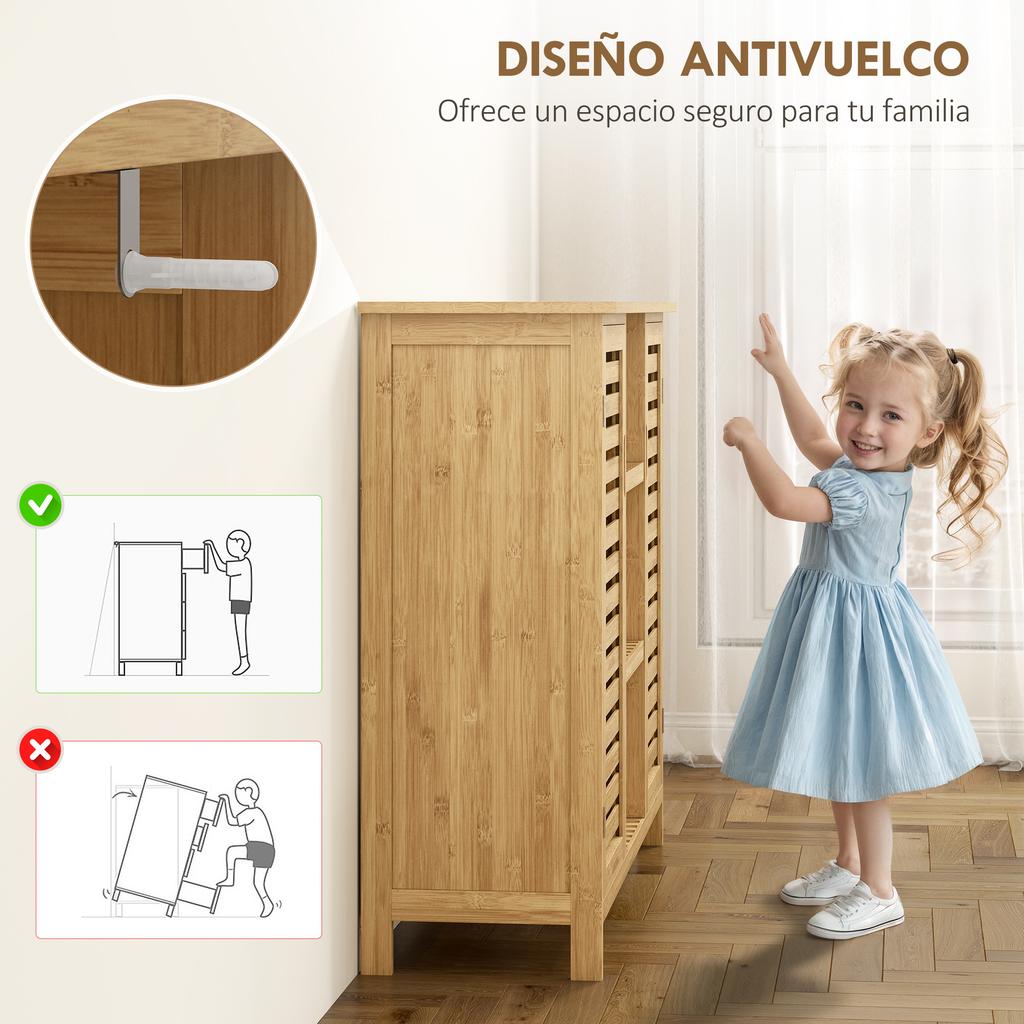 Bamboo Slatted Shoe Storage Cabinet, 2 Doors, Shelves, Open Compartments, 100x33x86cm, Natural