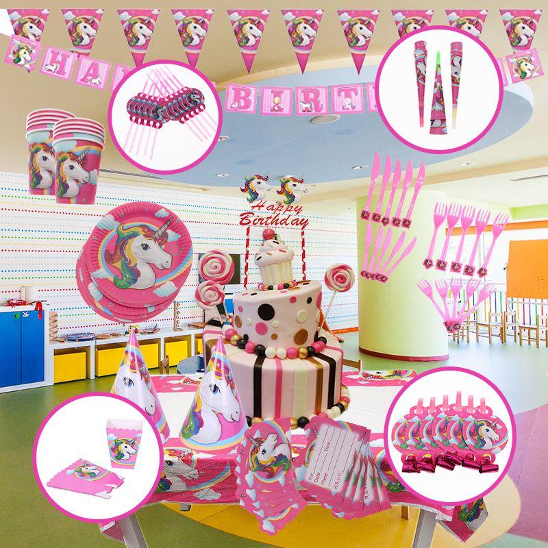 Birthday Kids Unicorn Party Supplies Tableware Plates Cup Fork Tablecloth Banner