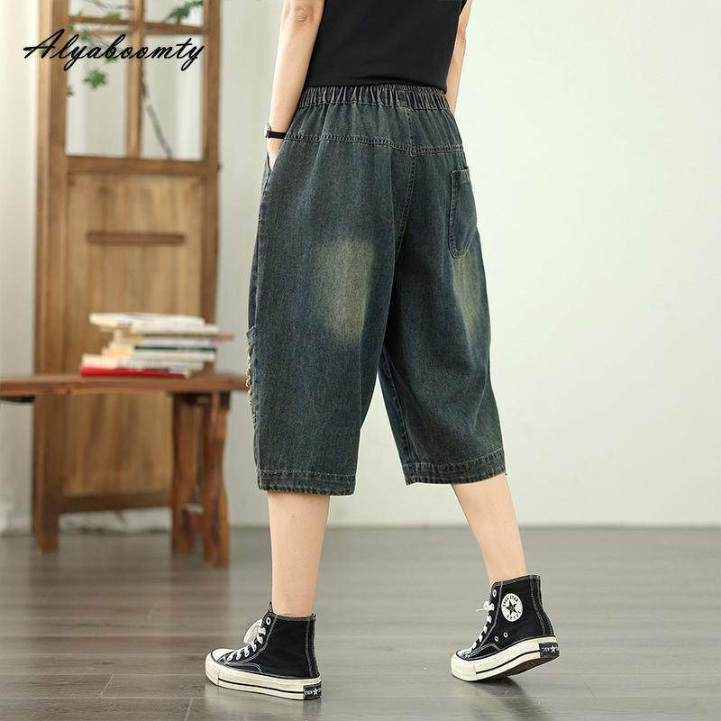 Korean Fashion Summer Women Ripped Denim Pants High Waist Character Print Casual Loose Short Jeans Basic Ladies' Capris With Pockets