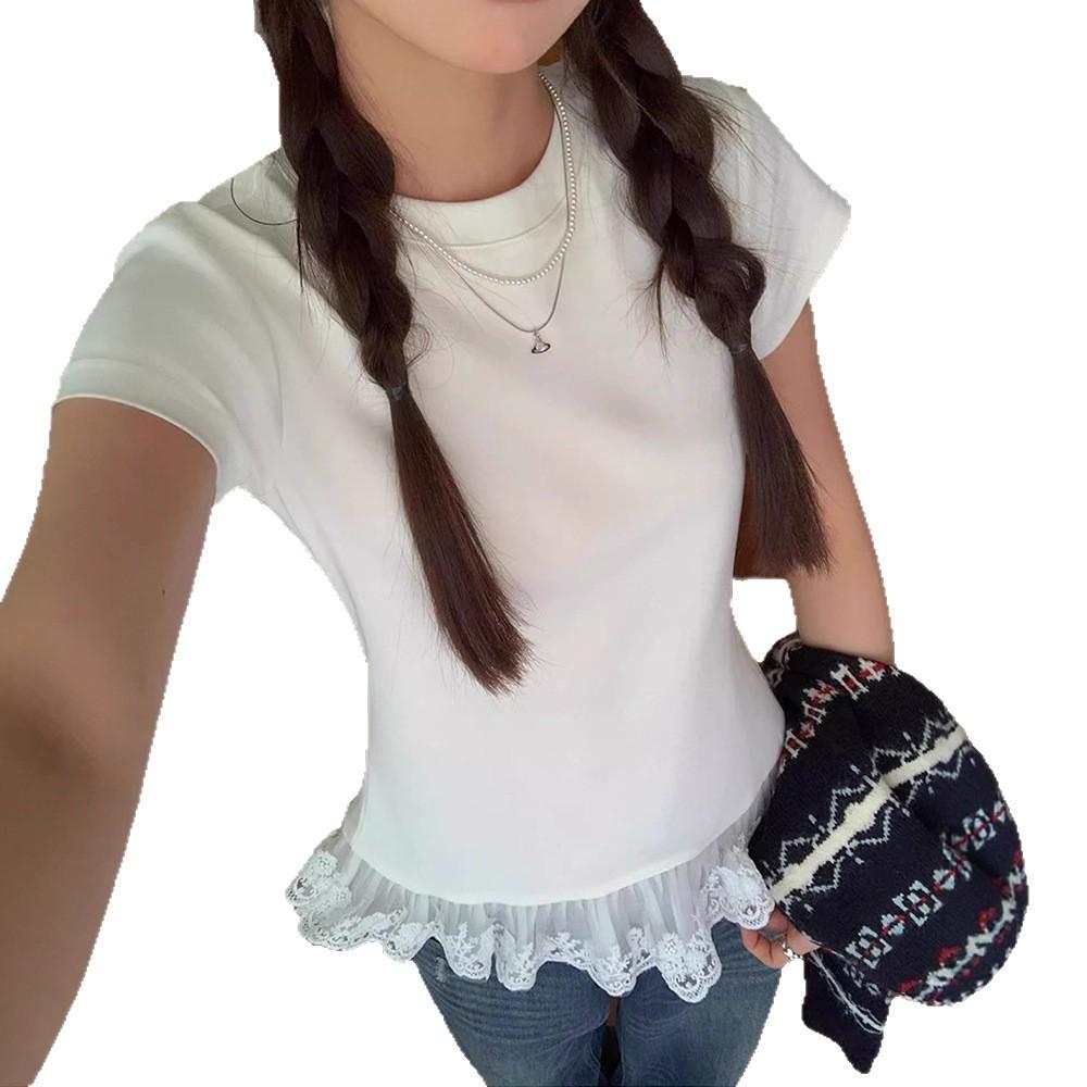 Sweet wind white lace splicing round neck short-sleeved T-shirt women's summer new Korean version slim-fitting versatile and thin top