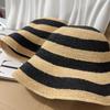 JapaneseIns Stripe 100% Raffia Bucket Hats Women Woven Color Matching Summer Beach Vacation Sunshade Fashion Foldable Sun Hats