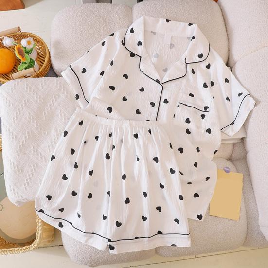 2-teiliges Damen-Pyjama-Set Herzstreifen Kurzarm Knopfleiste Elastischer Bund Lockere kurze Hose Sommer Nachtwäsche Loungewear