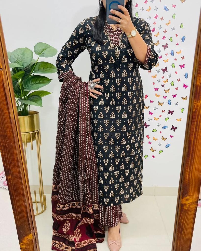 Party Wear Designer Cotton Kurta Pant Dupatta Set Indian Pakistani Top Tunic Kurti Salwar Suit